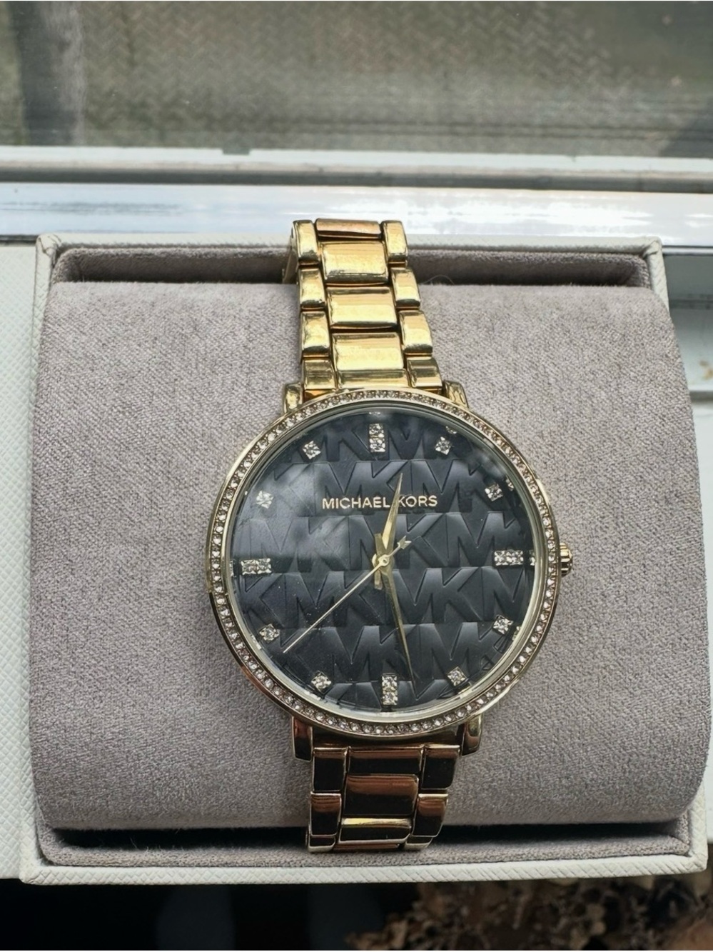 Michael Kors Gold Tone Bracelet Watch with Black Monogram Dial